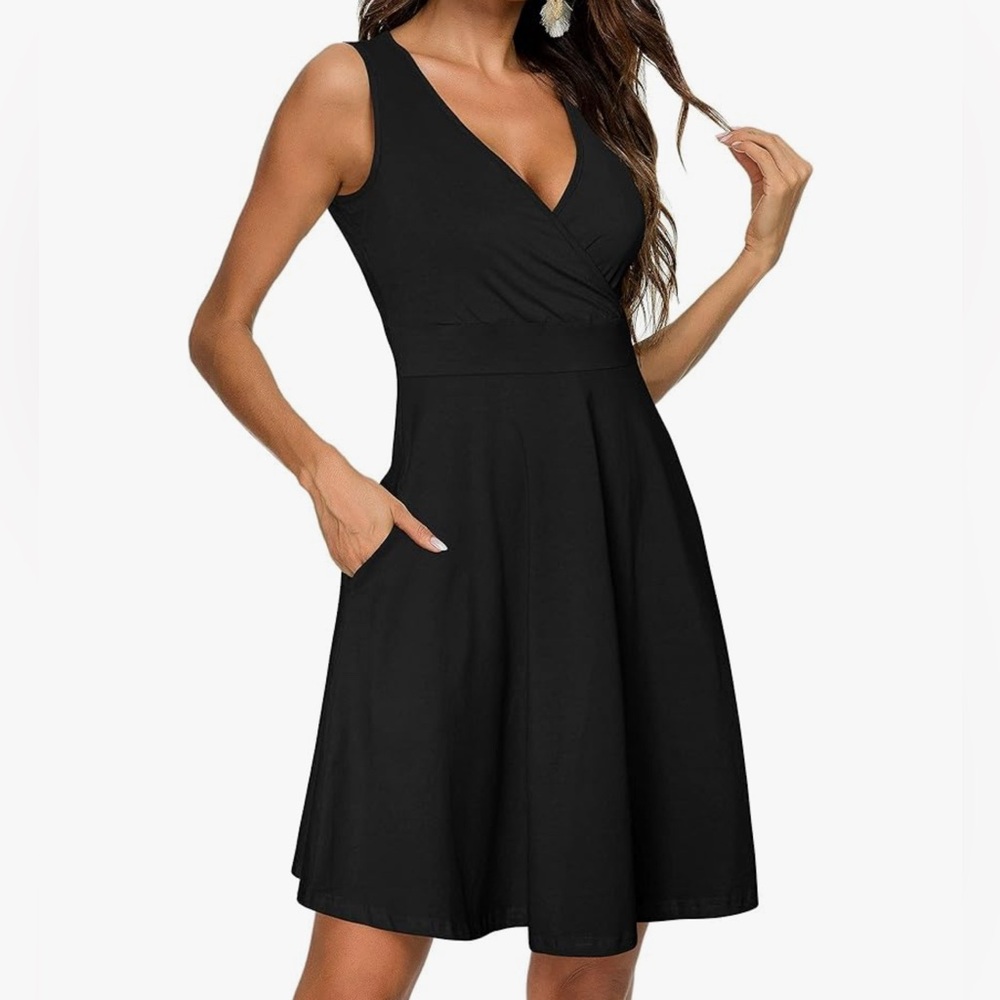 Guberry Women's Black Abstract Sleeveless Wrap Fit Flare Tank Dress Size L EUC